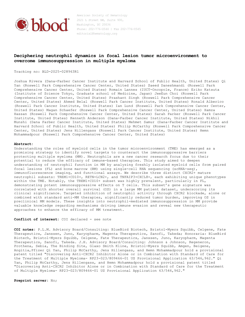 First page of Deciphering neutrophil dynamics in the focal lesion tumor microenvironment to overcome immunosuppression in multiple myeloma