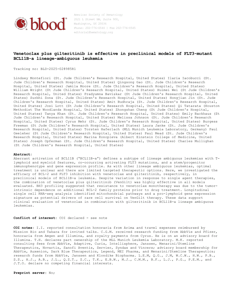 First page of Venetoclax plus gilteritinib is effective in preclinical models of FLT3-mutant BCL11B-a lineage-ambiguous leukemia