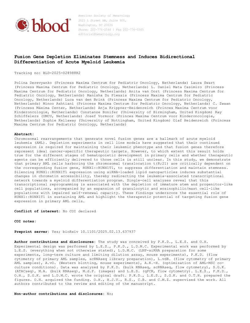 First page of Fusion Gene Depletion Eliminates Stemness and Induces Bidirectional Differentiation of Acute Myeloid Leukemia