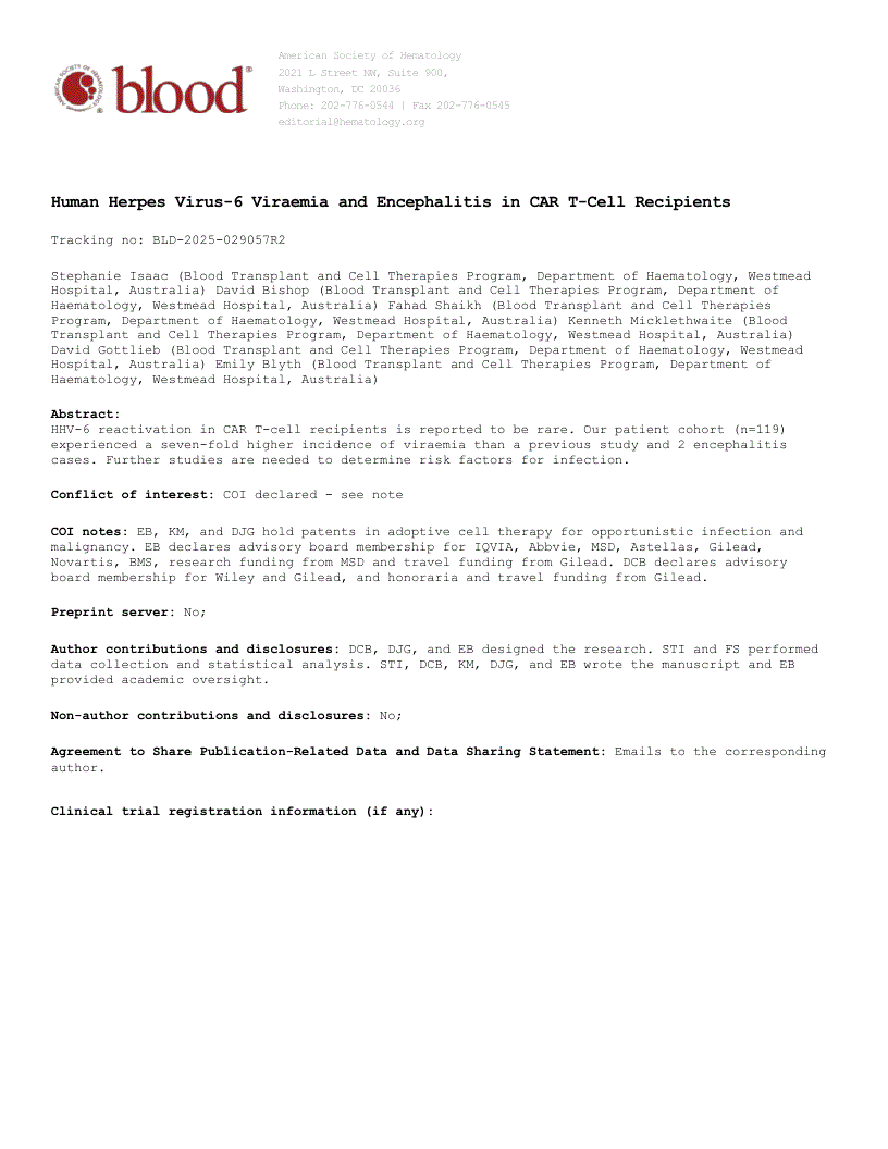 First page of Human herpesvirus 6 viremia and encephalitis in CAR T-cell recipients