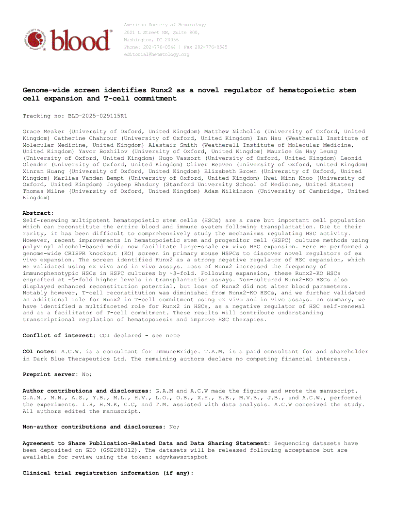 First page of A genome-wide screen identifies Runx2 as a novel regulator of hematopoietic stem cell expansion and T-cell commitment