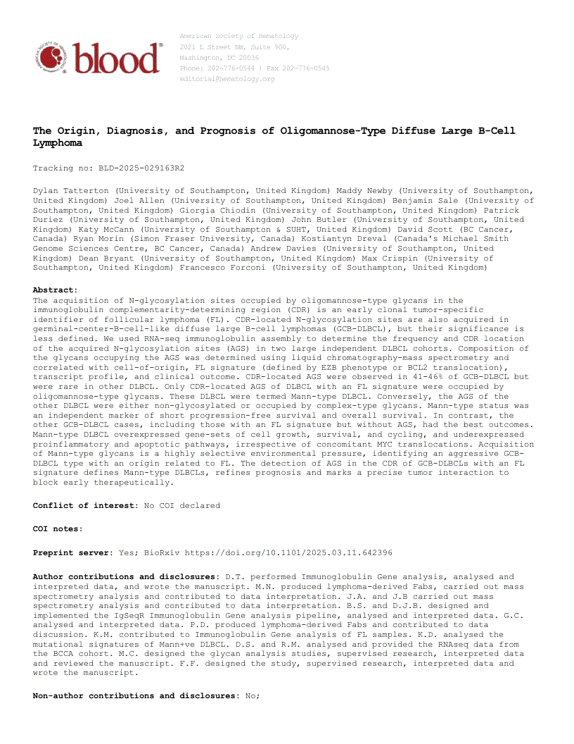 First page of The Origin, Diagnosis, and Prognosis of Oligomannose-Type Diffuse Large B-Cell Lymphoma