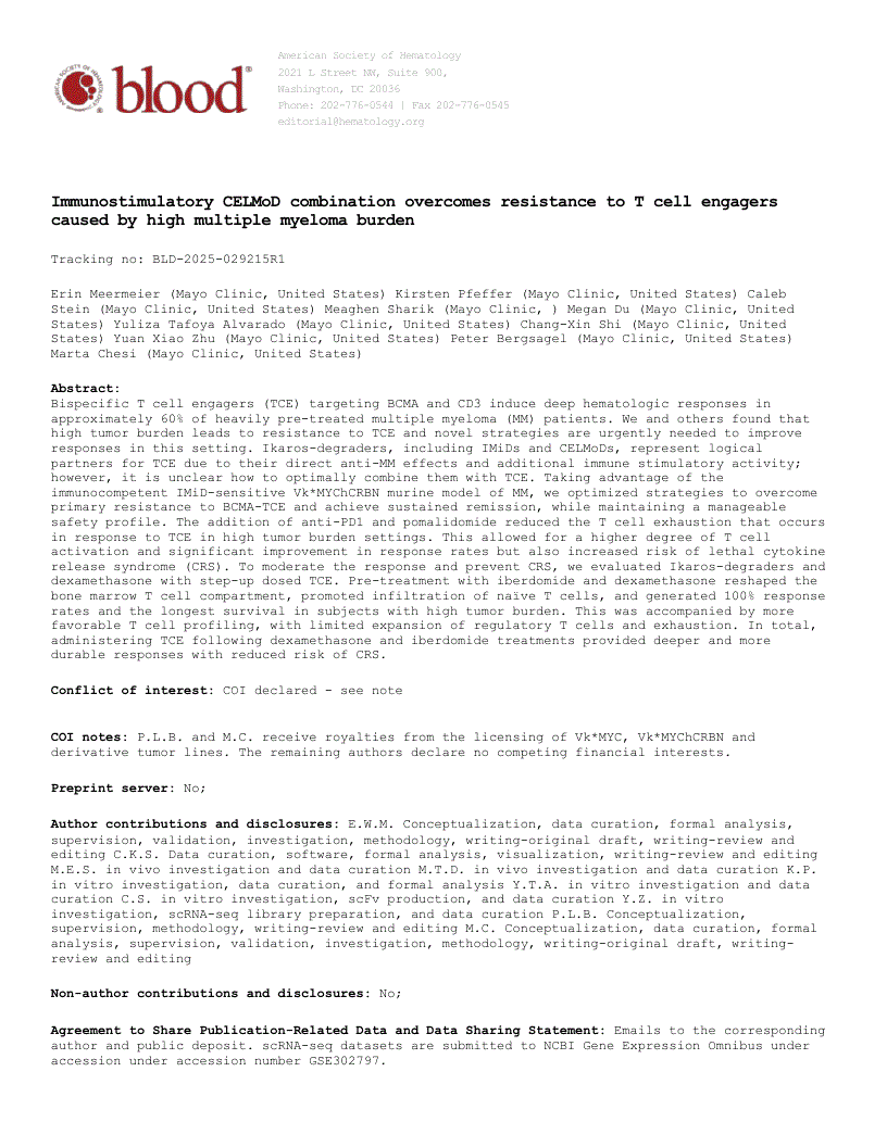 First page of An immunostimulatory CELMoD combination overcomes resistance to T-cell engagers caused by a high multiple myeloma burden