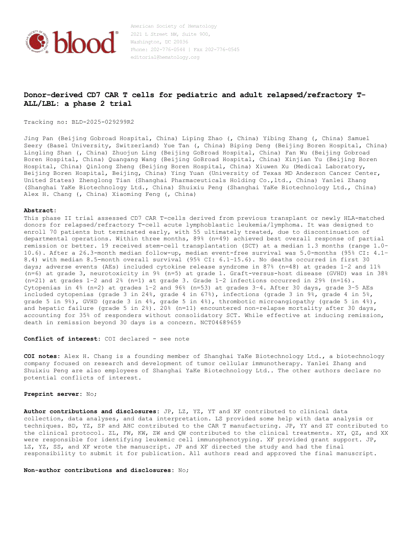 First page of Donor-derived CD7 CAR T cells for pediatric and adult relapsed/refractory T-ALL/LBL: a phase 2 trial