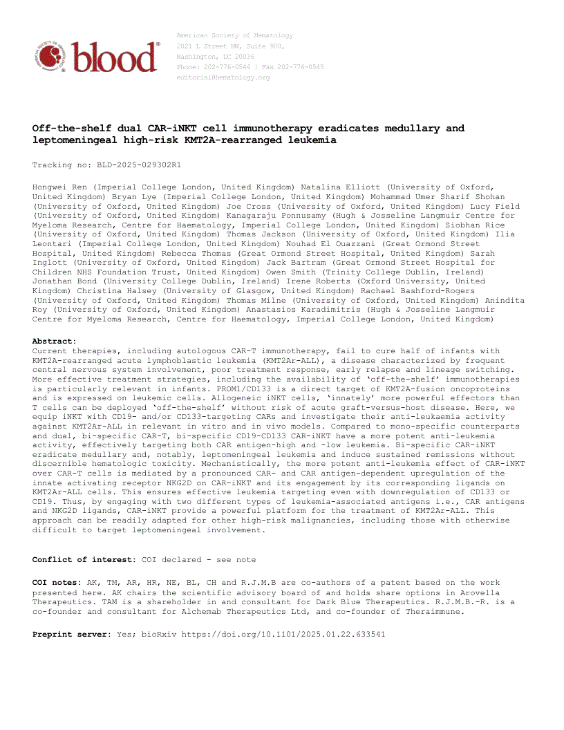 First page of Off-the-shelf dual CAR-iNKT cell immunotherapy eradicates medullary and leptomeningeal high-risk KMT2A-rearranged leukemia