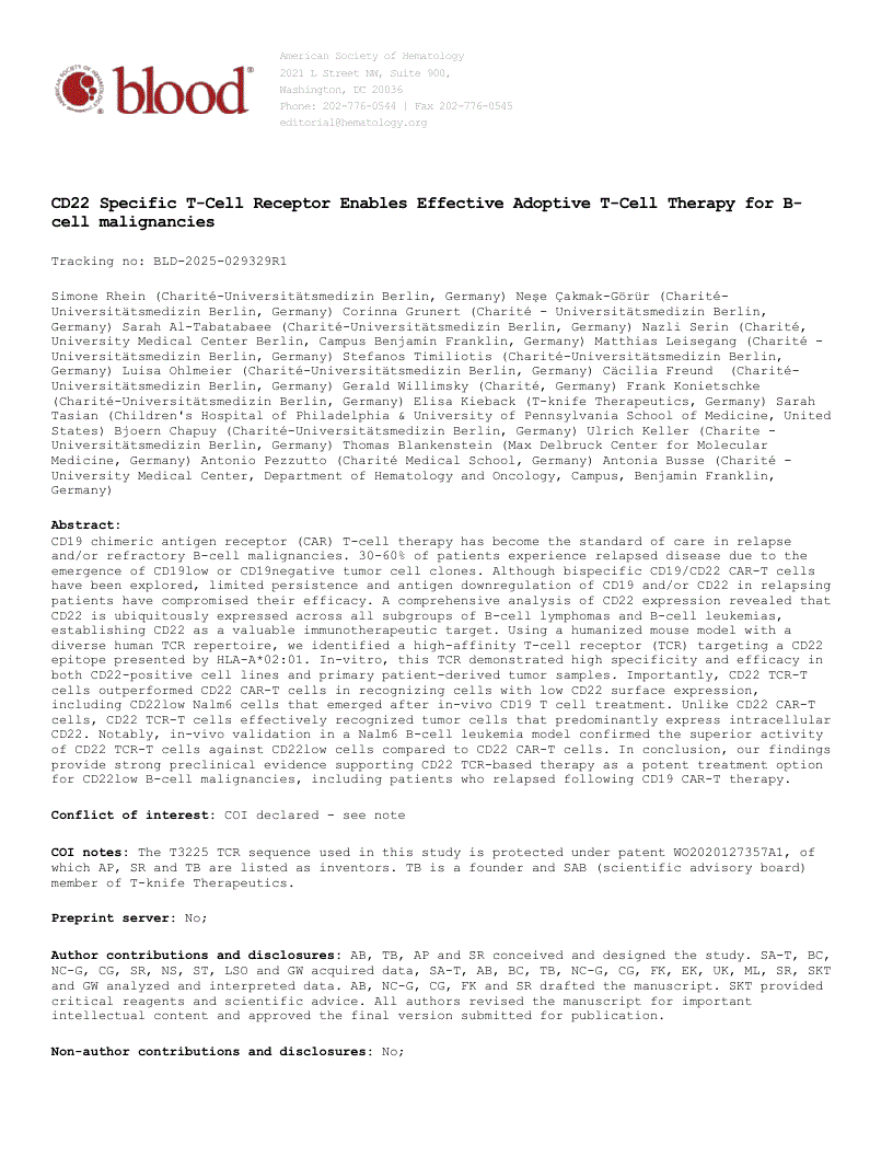 First page of A CD22-Specific T-Cell Receptor Enables Effective Adoptive T-Cell Therapy for B-cell malignancies