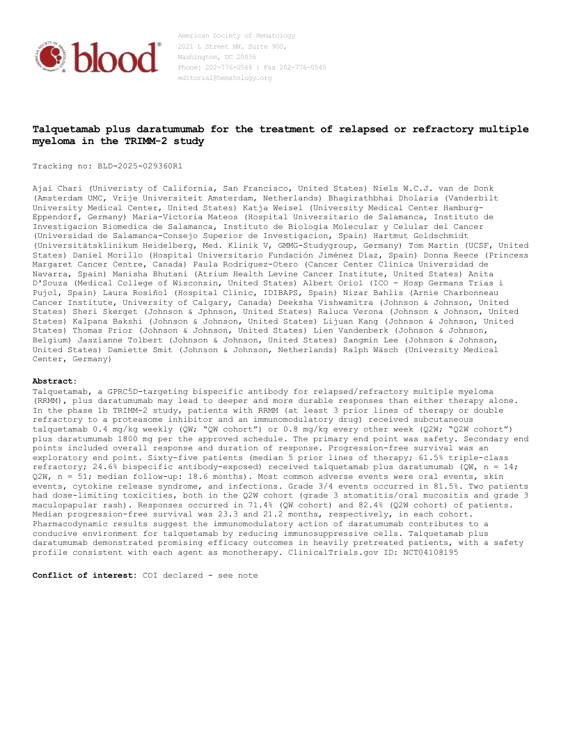 First page of Talquetamab plus daratumumab for the treatment of relapsed or refractory multiple myeloma in the TRIMM-2 study