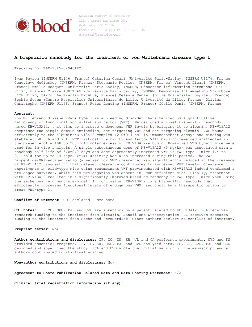 First page of A bispecific nanobody for the treatment of von Willebrand disease type 1
