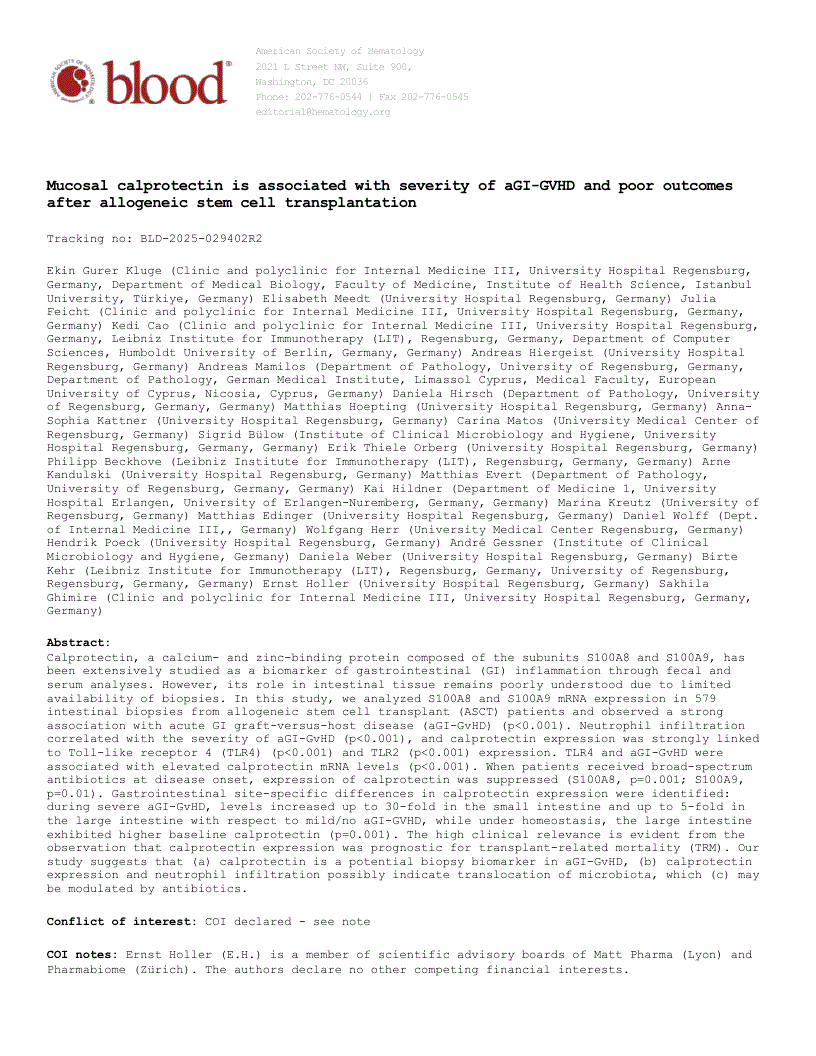 First page of Mucosal calprotectin is associated with severity of aGI-GVHD and poor outcomes after allogeneic stem cell transplantation