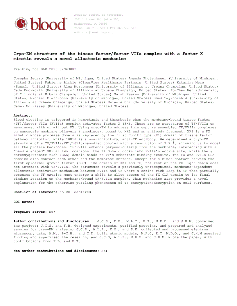 First page of Cryo-EM structure of the tissue factor/factor VIIa complex with a factor X mimetic reveals a novel allosteric mechanism