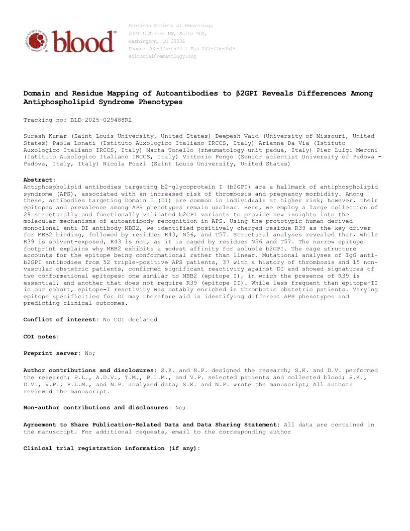First page of Domain and Residue Mapping of Autoantibodies to β2GPI Reveals Differences Among Antiphospholipid Syndrome Phenotypes