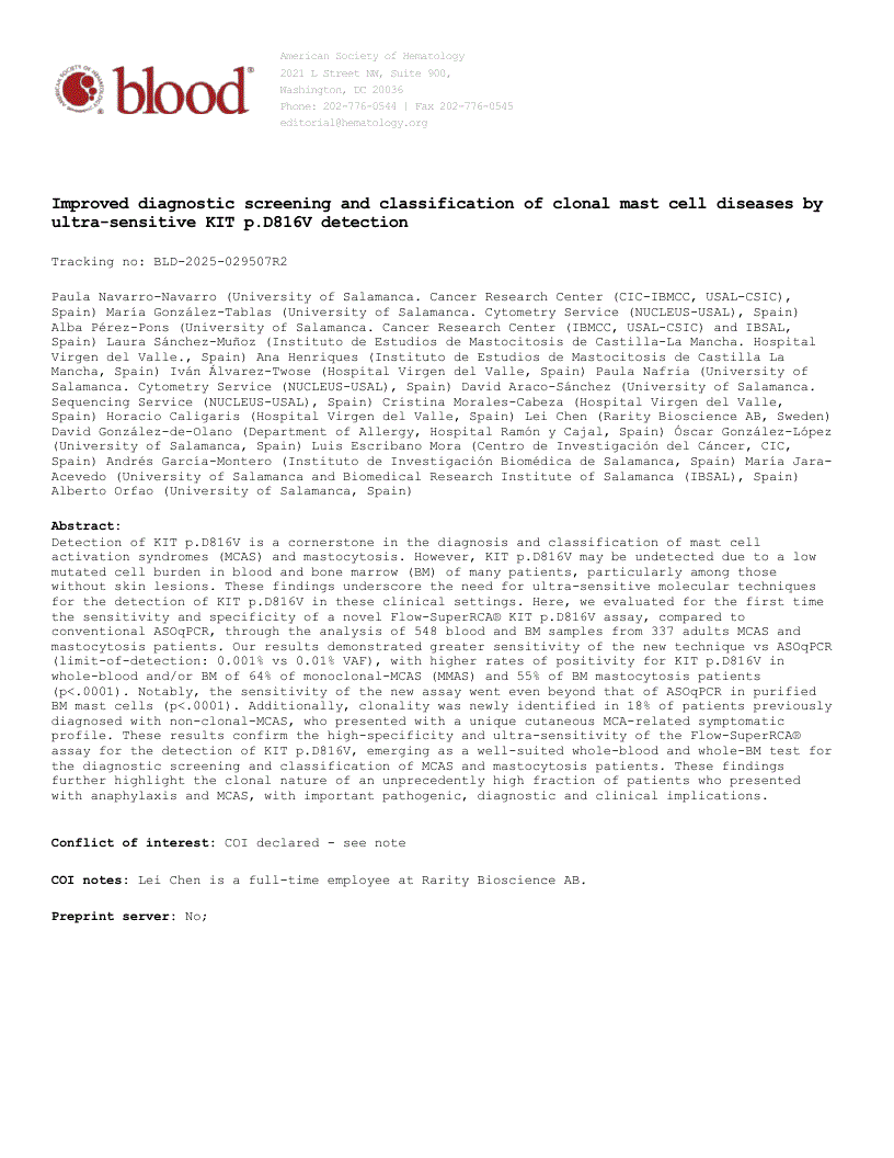 First page of Improved diagnostic screening and classification of clonal mast cell diseases by ultrasensitive KIT p.D816V detection
