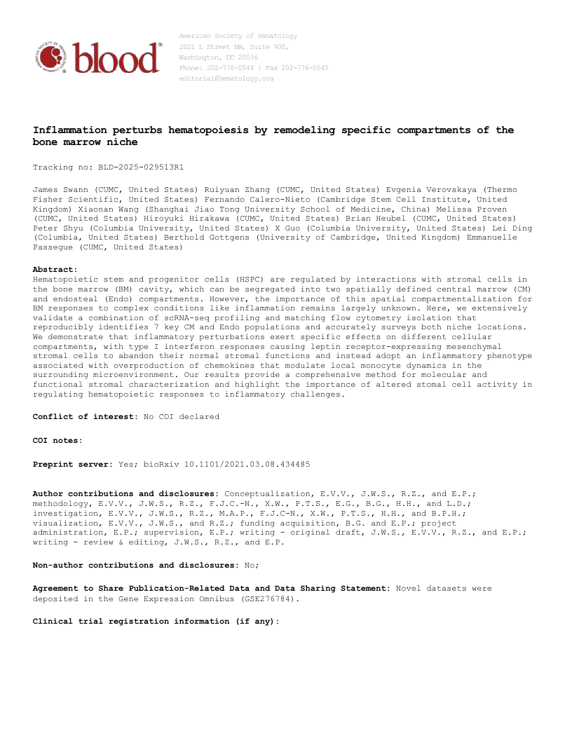 First page of Inflammation perturbs hematopoiesis by remodeling specific compartments of the bone marrow niche