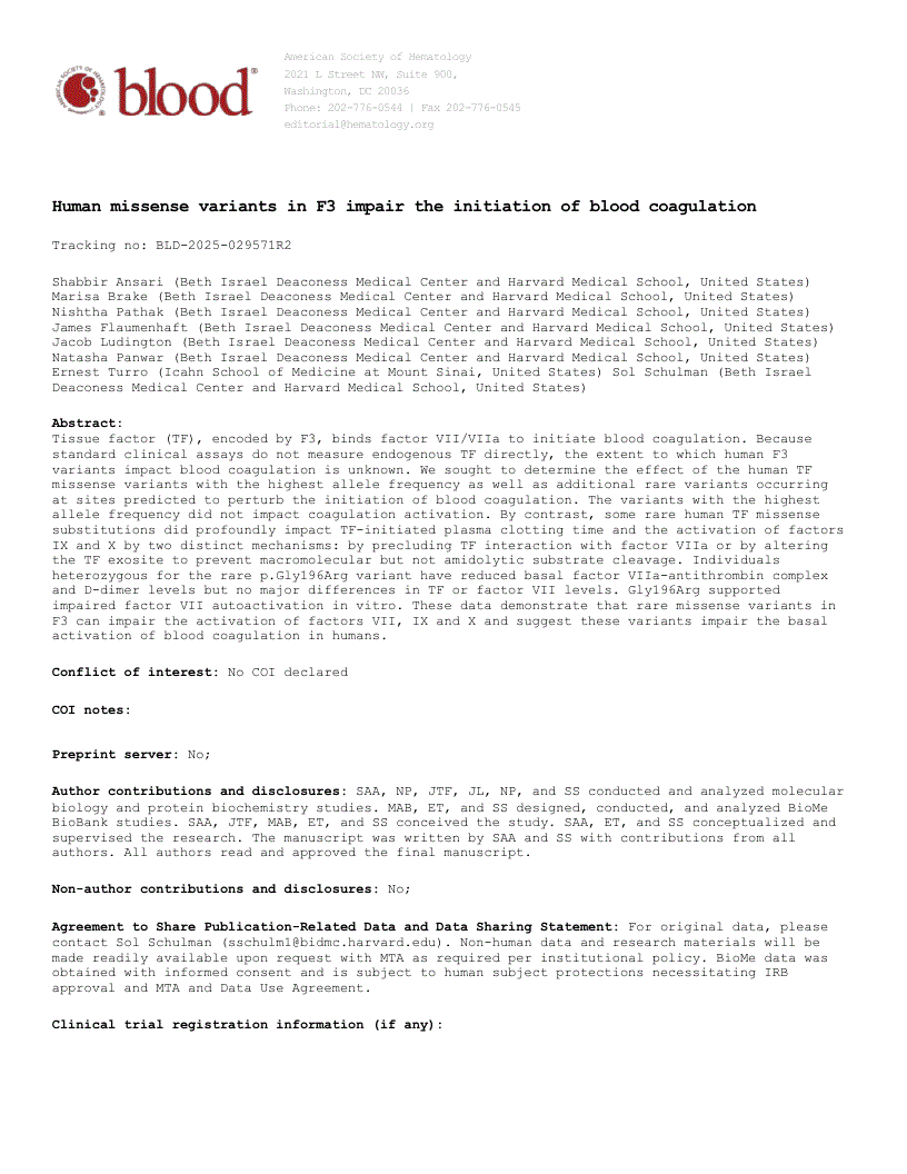 First page of Human missense variants in F3 impair the initiation of blood coagulation