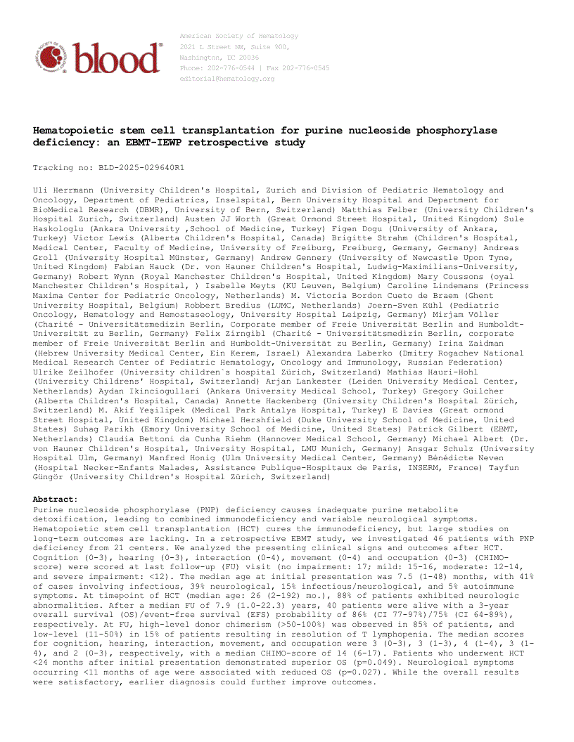First page of Hematopoietic stem cell transplantation for purine nucleoside phosphorylase deficiency: an EBMT-IEWP retrospective study