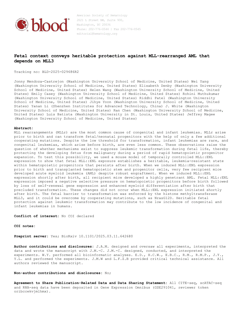 First page of Fetal context conveys heritable protection against MLL-rearranged AML that depends on MLL3