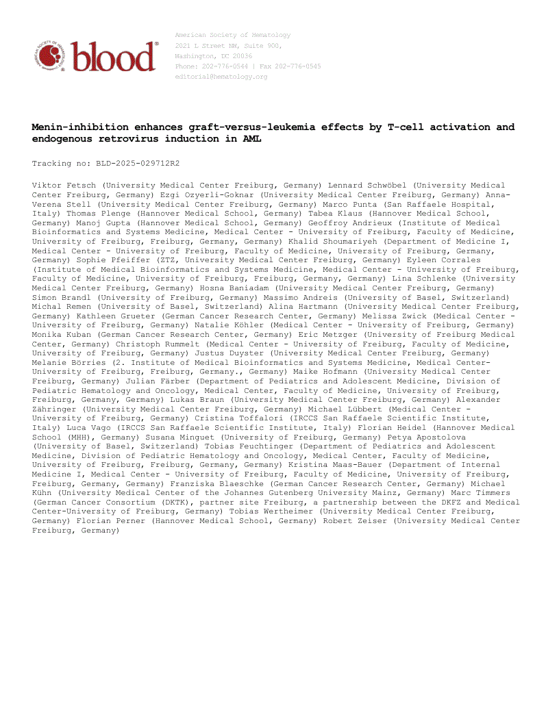 First page of Menin inhibition enhances graft-versus-leukemia effects by T-cell activation and endogenous retrovirus induction in AML