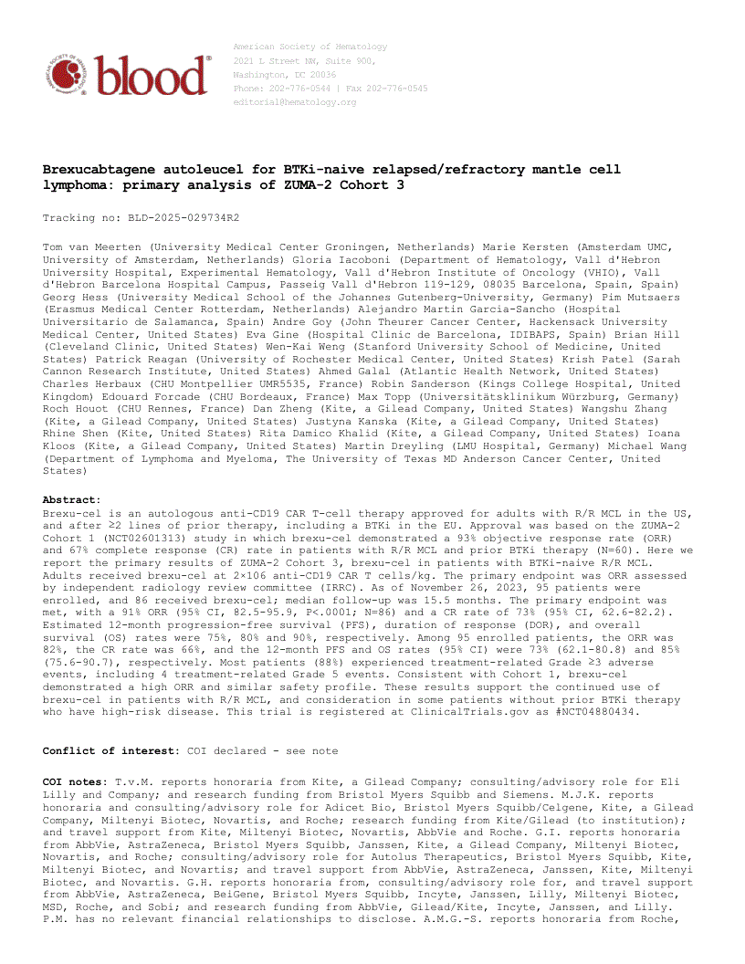 First page of Brexucabtagene autoleucel for BTKi-naive relapsed/refractory mantle cell lymphoma: primary analysis of ZUMA-2 Cohort 3