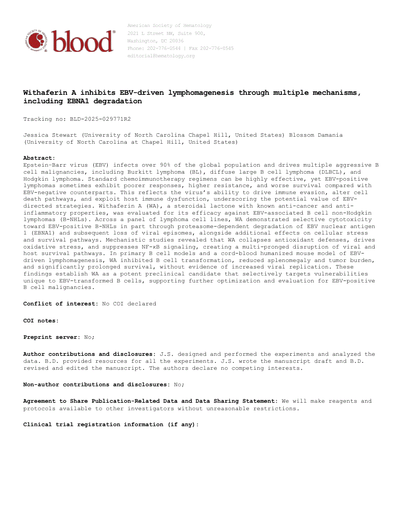 First page of Withaferin A inhibits EBV-driven lymphomagenesis through multiple mechanisms, including EBNA1 degradation