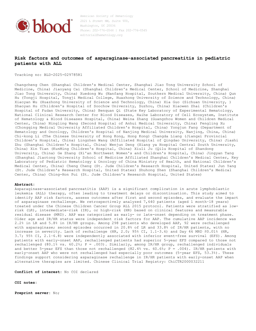 First page of Risk factors and outcomes of asparaginase-associated pancreatitis in pediatric patients with ALL