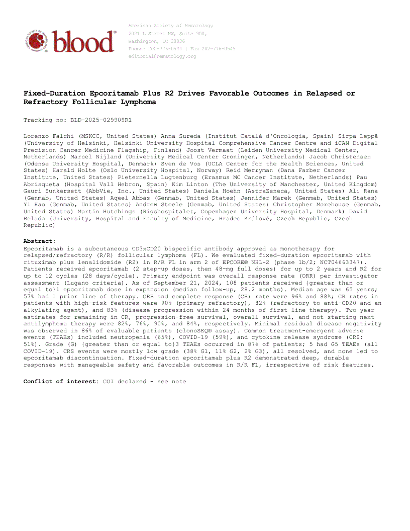 First page of Fixed-Duration Epcoritamab Plus R2 Drives Favorable Outcomes in Relapsed or Refractory Follicular Lymphoma