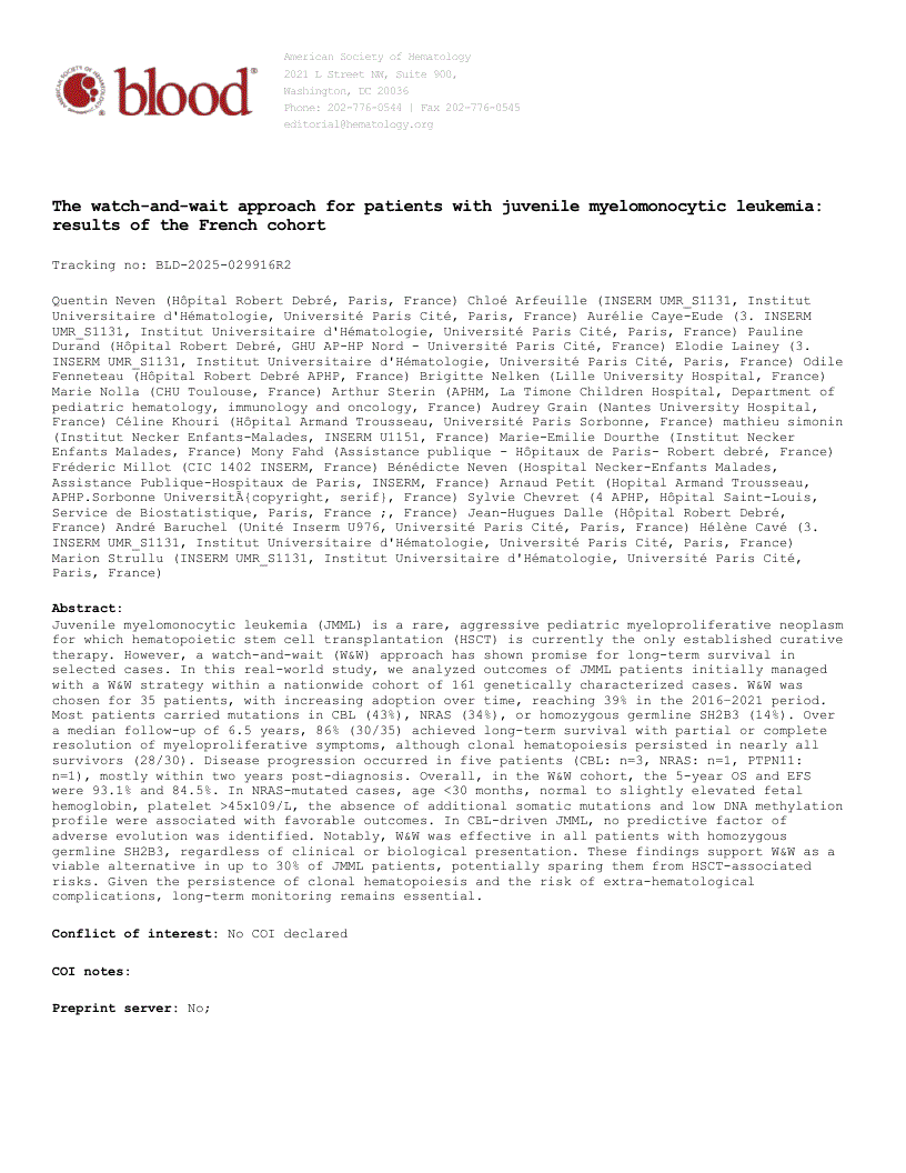 First page of The watch-and-wait approach for patients with juvenile myelomonocytic leukemia: results of the French cohort