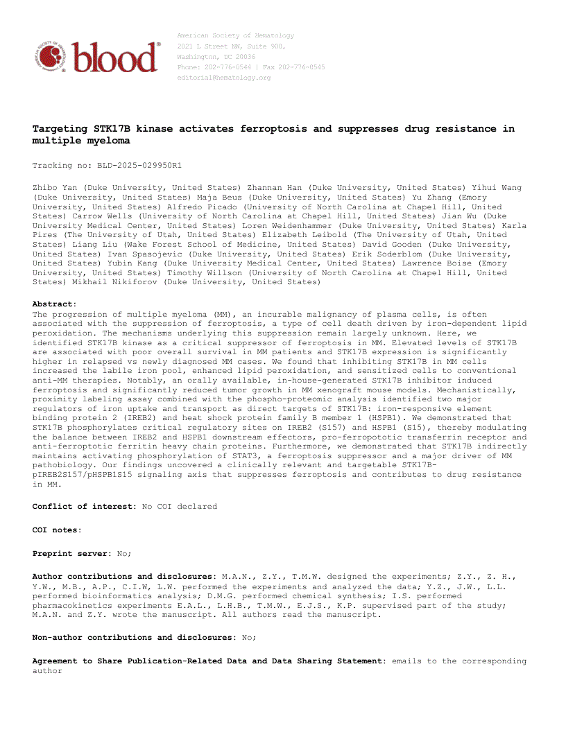 First page of Targeting STK17B kinase activates ferroptosis and suppresses drug resistance in multiple myeloma