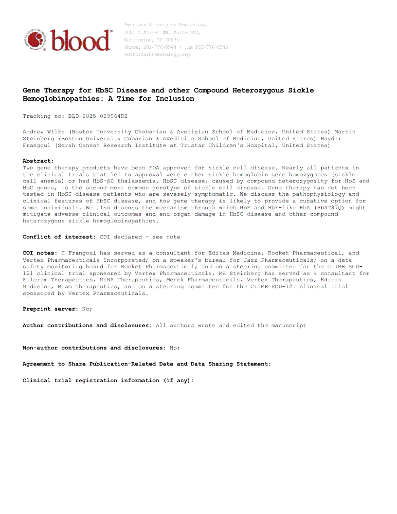 First page of Gene Therapy for HbSC Disease and other Compound Heterozygous Sickle Hemoglobinopathies: A Time for Inclusion