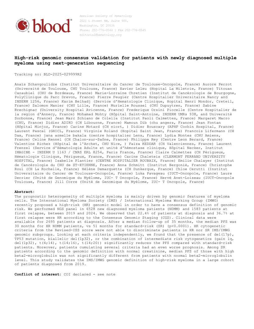 First page of High-risk genomic consensus validation for patients with newly diagnosed multiple myeloma using next-generation sequencing