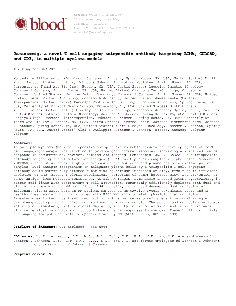 First page of Ramantamig (JNJ-79635322), a novel T-cell-engaging trispecific antibody targeting BCMA, GPRC5D, and CD3, in multiple myeloma models