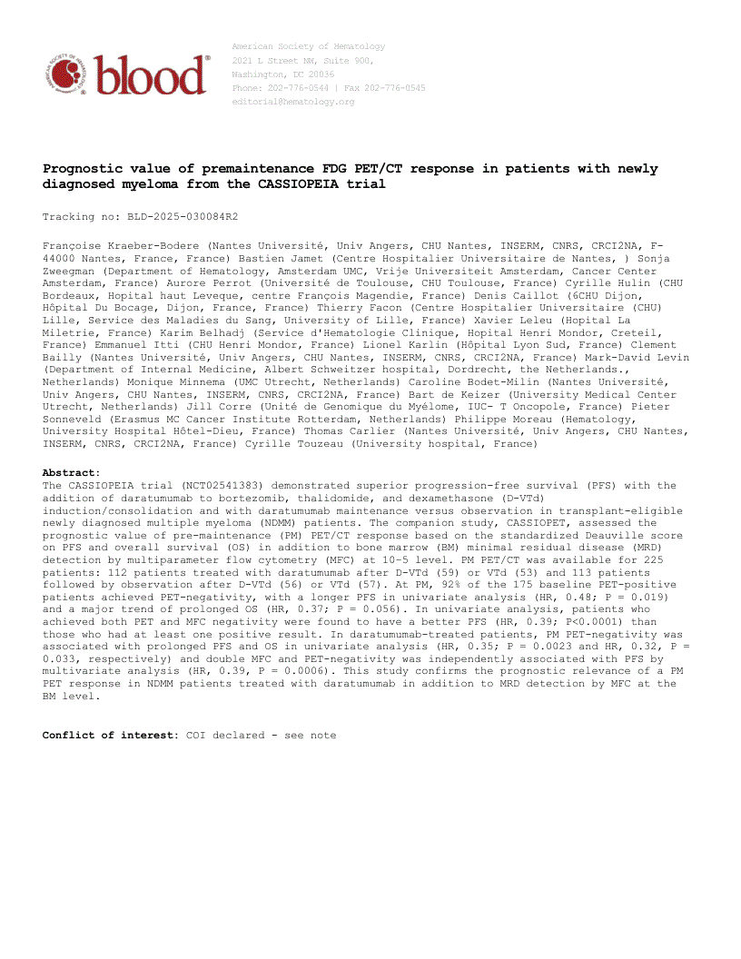 First page of Prognostic value of premaintenance FDG PET/CT response in patients with newly diagnosed myeloma from the CASSIOPEIA trial