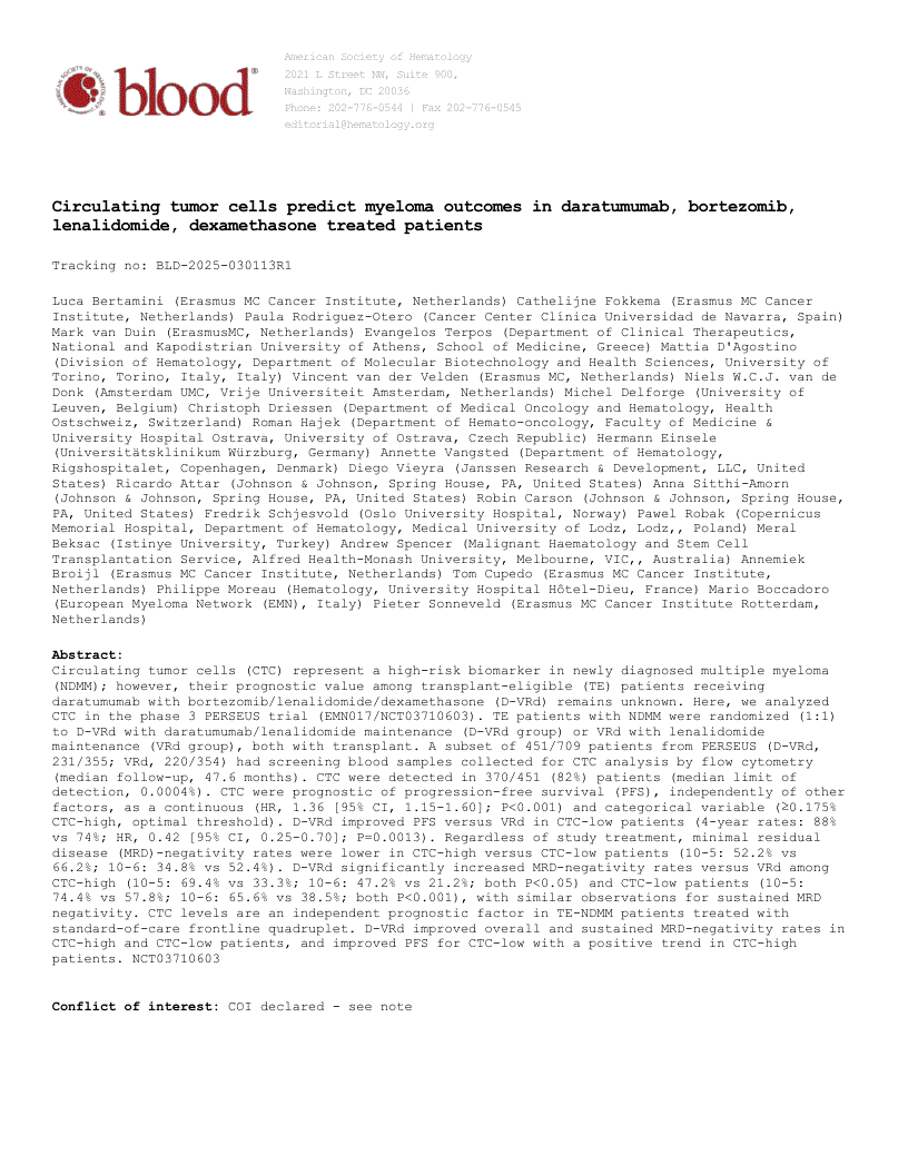 First page of Circulating tumor cells predict myeloma outcomes in patients treated with daratumumab, bortezomib, lenalidomide, and dexamethasone