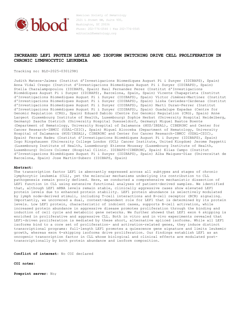 First page of INCREASED LEF1 PROTEIN LEVELS AND ISOFORM SWITCHING DRIVE CELL PROLIFERATION IN CHRONIC LYMPHOCYTIC LEUKEMIA