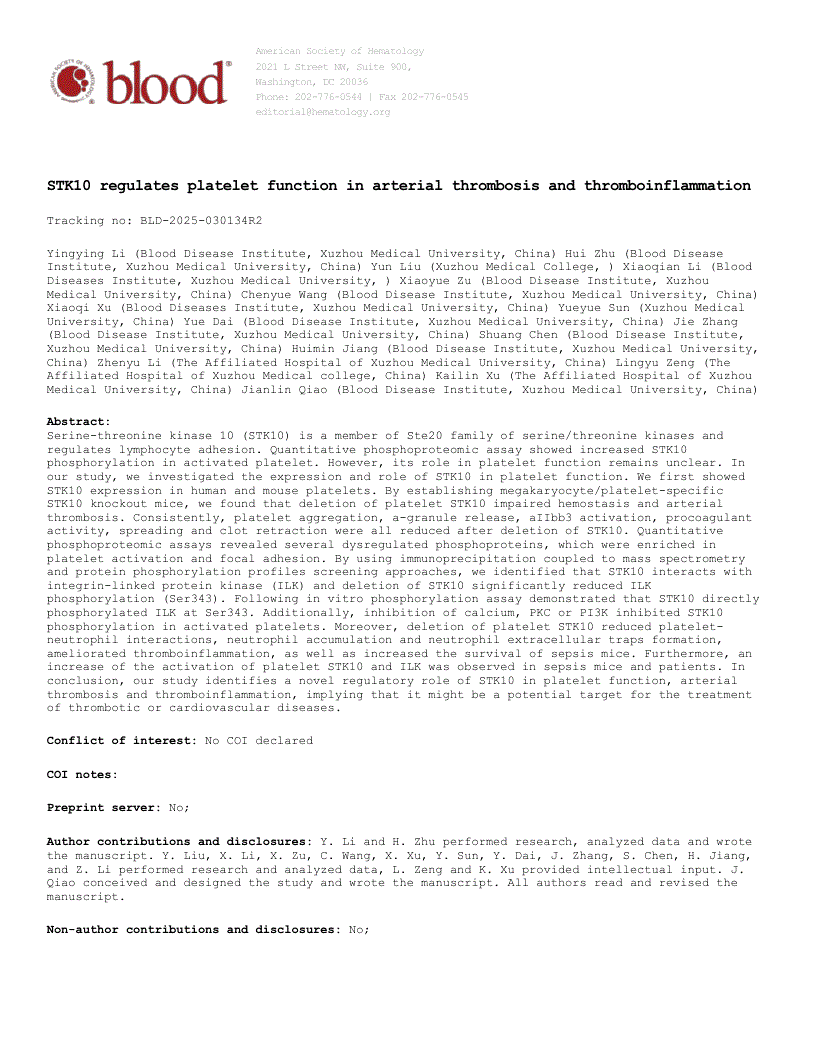 First page of STK10 regulates platelet function in arterial thrombosis and thromboinflammation