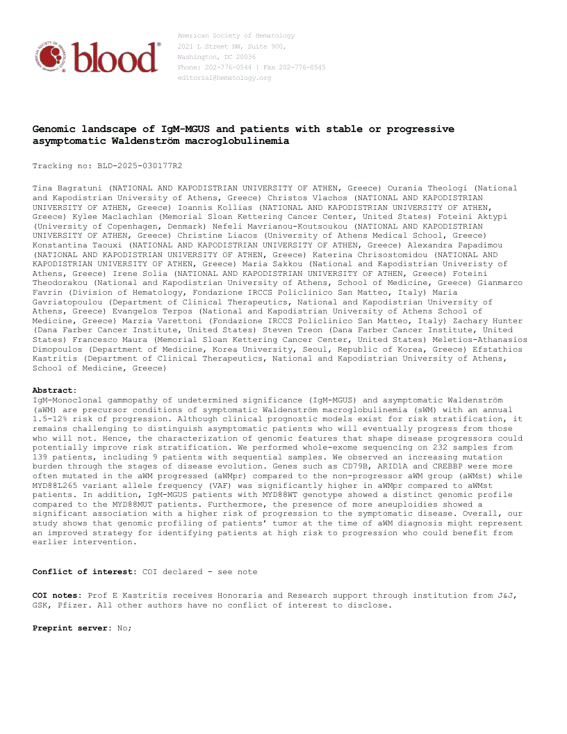 First page of Genomic landscape of IgM-MGUS and patients with stable or progressive asymptomatic Waldenström macroglobulinemia