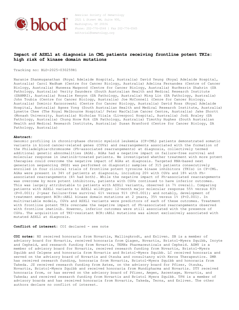 First page of Impact of ASXL1 at diagnosis in patients with CML receiving frontline potent TKIs: high risk of kinase domain mutations