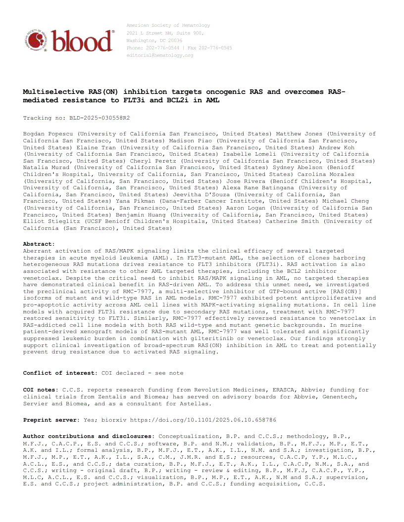 First page of Multiselective RAS(ON) inhibition targets oncogenic RAS and overcomes RAS-mediated resistance to FLT3i and BCL2i in AML