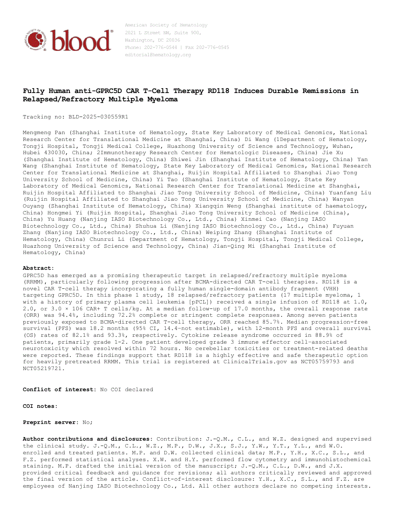 First page of Fully Human anti-GPRC5D CAR T-Cell Therapy RD118 Induces Durable Remissions in Relapsed/Refractory Multiple Myeloma