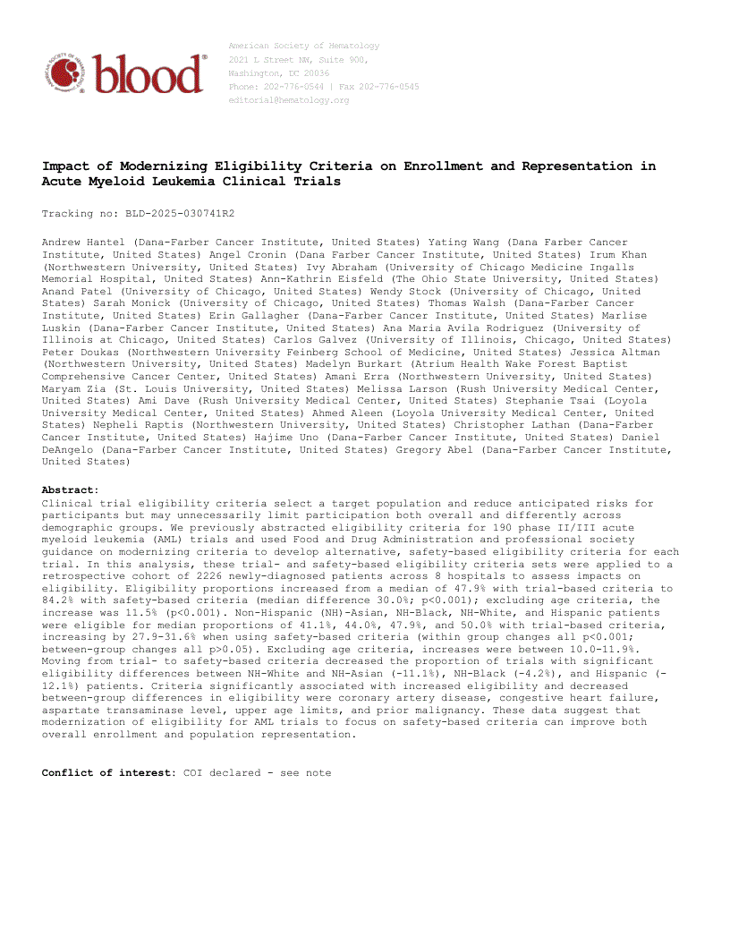 First page of Impact of Modernizing Eligibility Criteria on Enrollment and Representation in Acute Myeloid Leukemia Clinical Trials