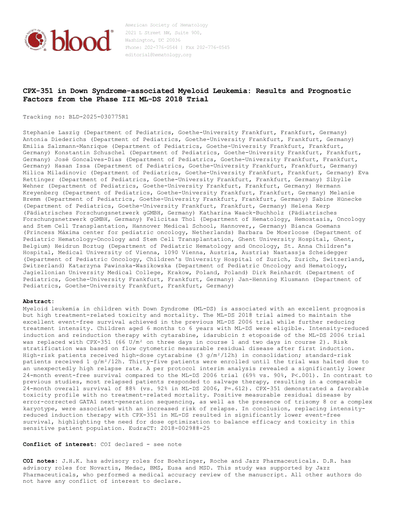 First page of CPX-351 in Down syndrome-associated Myeloid Leukemia: Results and Prognostic Factors from the Phase 3 ML-DS 2018 Trial