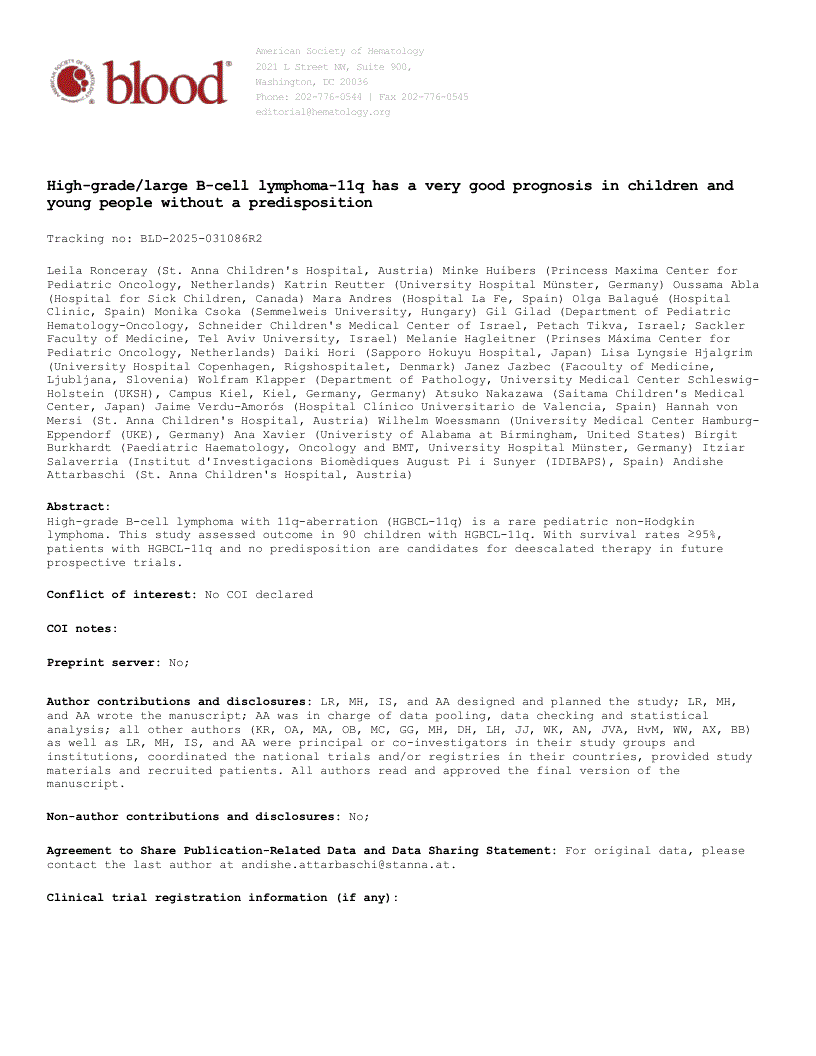 First page of High-grade/large B-cell lymphoma-11q has a very good prognosis in children and young people without a predisposition