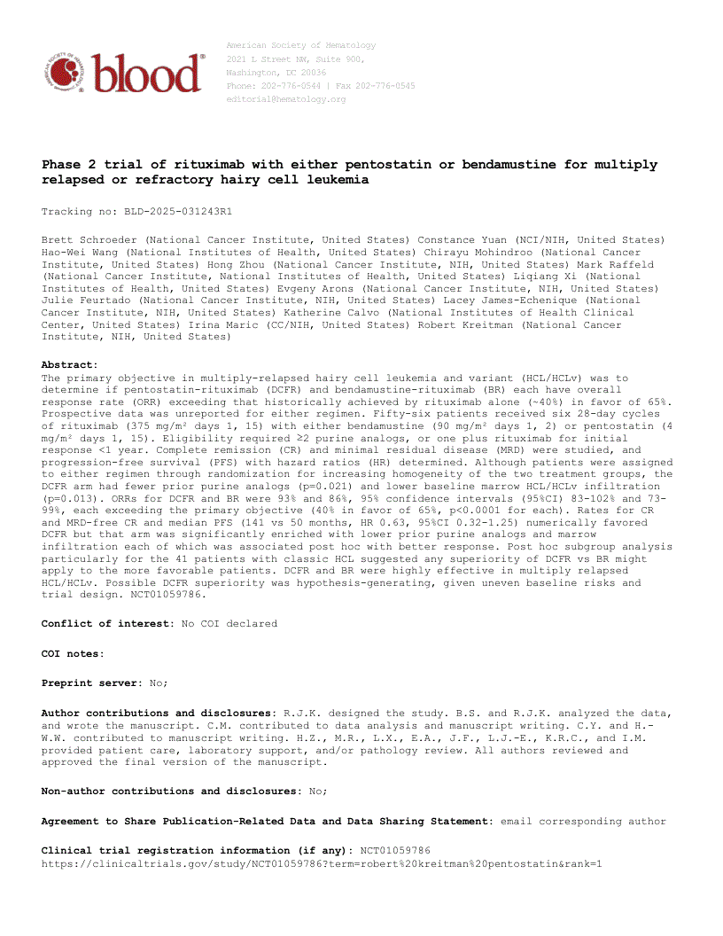 First page of Phase 2 trial of rituximab with either pentostatin or bendamustine for multiply relapsed or refractory hairy cell leukemia