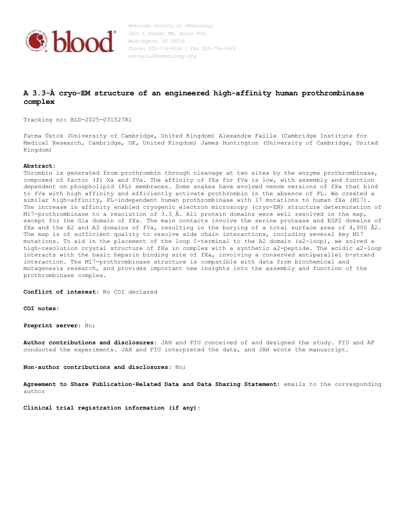First page of A 3.3-Å cryo-EM structure of an engineered high-affinity human prothrombinase complex
