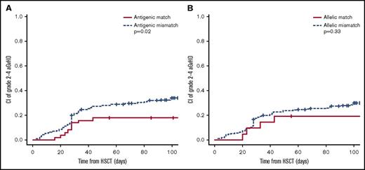 Figure 1. Influence of HLA-DRB1 matching status on aGVHD 2-4 in PTCy regimens. (A) Stratification according to antigenic HLA-DRB1 matching (N = 313). (B) Stratification according to allelic HLA-DRB1 matching (N = 258).