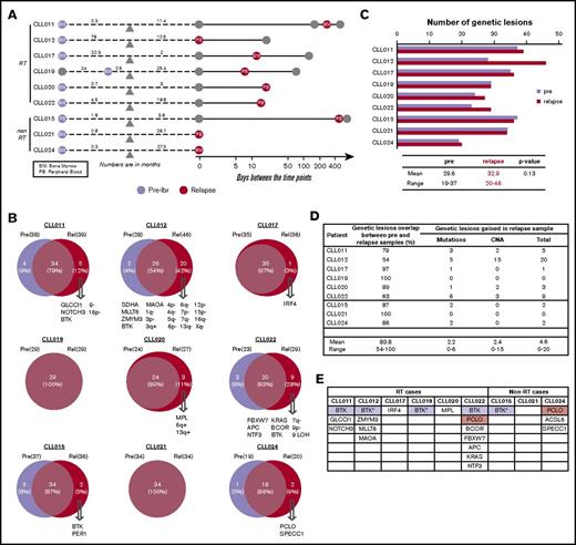 Figure 3. Recurrent abnormalities at relapse vs pretreatment. (A) Schematic representation of the paired samples used for this analysis: lavender for preibrutinib (pre-ibr) and red for relapse sample. (B) Venn diagrams comparing the genetic lesions in the paired pre-ibr and relapse (Rel) samples of each patient. (C) Bar graph summarizing the total number of genetic lesions identified in the pre-ibr and relapse samples. (D) Table summarizing the number of genetic lesions gained in the relapse samples. The line separates patients with RT from those without RT. (E) List of relapse-specific genes for each patient. Colored boxes indicate recurrent genes. *BTK found at low allele frequency (Table 2 also lists emerging minor clones). LOH, loss of heterozygosity.