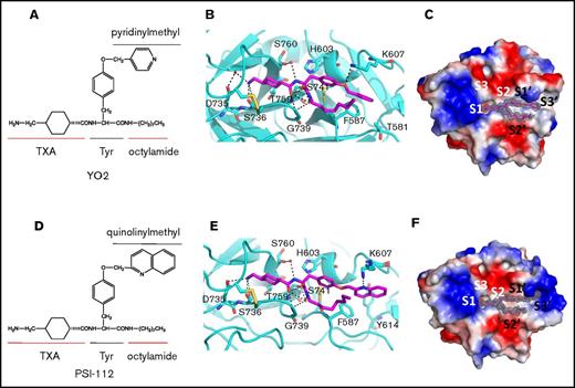 Figure 1. Crystal structure of μPlm inhibitor binary complexes. Tripodal structures of (A) YO-2 along with the functional groups TXA, tyrosine (Tyr), octylamide, and pyridinylmethyl and (D) PSI-112 with the functional group quinolinylmethyl. The center panels show major interactions of (B) YO-2 and (E) PSI-112 with μPlm (supplemental Figures 1 and 4; supplemental Tables 2 and 3). YO-2 and PSI-112 are shown as sticks and colored in magenta, waters are depicted as spheres (red), and H-bonds are shown as black dotted lines. Also shown are electrostatic potential surfaces (blue, basic; red, acidic) with the 2Fo-Fc omit maps (mesh, dark gray) of (C) μPlm/YO-2 and (F) μPlm/PSI-112 with subsites marked (S1-S3 and S1′-S3′). Data collection and refinement statistics are provided in supplemental Table 1. Protein Data Bank identifiers of the complex structures are 5UGD for YO-2 and 5UGG for PSI-112.