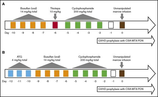 Figure 1. Conditioning regimens. (A) Tt-BuCy. (B) ATG-BuCy. CSA, cyclosporin A; MTX, methotrexate; PDN, prednisone.