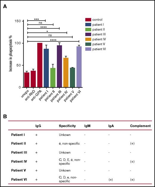 Figure 6. RBCs of AIHA patients show increased phagocytosis compared with RBCs from healthy individuals. (A) RBCs of an AIHA patient with auto-IgG antibodies and RBCs of a healthy control were labeled with DiD and incubated with neutrophils of 2 to 3 healthy donors. Erythrophagocytosis of patient I, III, and VI RBCs was comparable to erythrophagocytosis of anti-GPA-opsonized RBCs from a healthy control. Phagocytosis of RBCs of patient II and V by neutrophils is not significantly increased compared with RBCs of a healthy control. Phagocytosis of RBCs of patient IV by neutrophils is increased compared with RBCs of a healthy control. Error bars denote the standard error of the mean. Asterisks represent highly significant differences (*P < .05, ***P < .001, ****P < .0001). (B) Results of the Coombs test (direct antiglobulin test). All patients were tested positive for IgG and negative for IgM and IgA in the Coombs test performed by diagnostics. Patient II and IV showed low positivity for complement and remaining patients were tested negative for complement (+, positive; −, negative; (+), low positivity). Error bars denote the standard error of the mean.