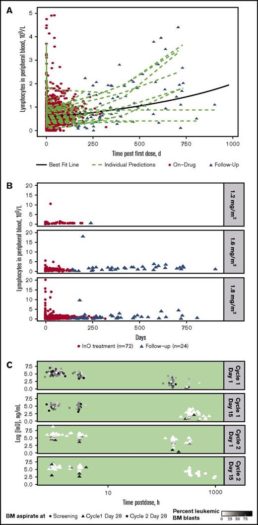 Figure 2. Peripheral blood B-lymphocyte depletion and regeneration. (A) B-lymphocyte concentration in blood was determined vs time for individual patients during InO treatment (red circles; n = 72) and during follow-up (triangles; n = 24). Data were fitted to a linear mixed-effects model (green dashed lines = individual model predictions; solid black line = best fit line for overall mean effect of time on B-lymphocyte depletion and regeneration). (B) B-lymphocyte concentration profiles vs time by InO dose (1.2, 1.6, and 1.8 mg/m2 per cycle) for individual patients. (C) InO elimination vs time by percent of BM blasts for individual patients. The 4 panels show serum InO concentration vs time data for InO dosing at cycle 1 day 1 and 15 and cycle 2 days 1 and 15. BM aspirates were collected at screening (circles), cycle 1 day 28 (triangles), and cycle 2 day 28 (squares). Symbol colors are scaled by percent leukemic blasts in BM.