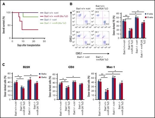 Figure 5. Bak1 is a critical target gene of miR-26a in hematopoietic reconstitution after BMT. BM cells (5 × 105) transduced with miR-26a TuD inhibitor (miR-26 TuD) or control (ctrl) were transplanted into lethally irradiated congenic recipients. (A) Data shown are percent survival of recipients after BMT. Data were pooled from 2 experiments involving a total of 6 mice per group. (B) Bak1+/+ or Bak1−/− BM cells (CD45.2) transduced with ctrl or miR-26a TuD inhibitor (miR-26 TuD) were harvested and mixed with equal number of recipient-type BM cells (CD45.1) before transplantation into lethally irradiated congenic recipients (CD45.1). Representative plots of recipient peripheral blood (PB) leukocytes at 8 weeks after BMT (left). Reconstitution ratio of donor cells in the recipients’ PB at 4 and 8 weeks (wks) after transplantation (right). Data (mean ± SD) were pooled from 2 experiments involving a total of 6 mice per group. (C) Reconstitution ratio of donor cells in the recipients’ PB B220+, CD3+, and Mac-1+ populations at 4 and 8 wks after BMT. Data (mean ± SD) were pooled from 2 experiments involving a total of 6 mice per group. *P < .05, **P < .01. Error bars indicate SD.